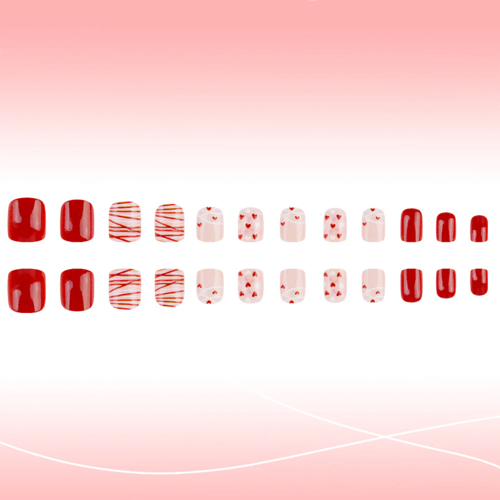 Romantic Elegance Short Square Red and Pink Nail Set with Heart Patterns and Striped Designs