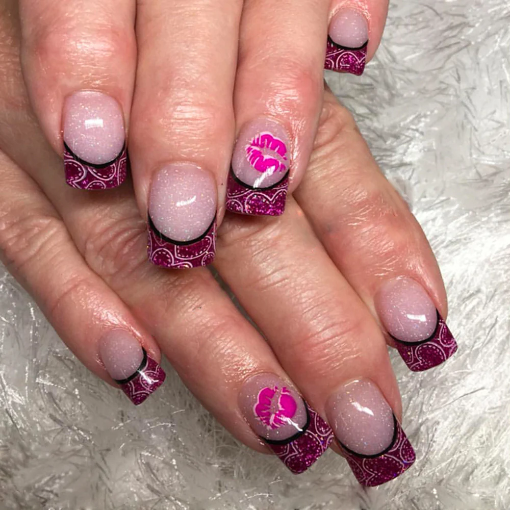 Romantic Elegance Short Squoval Pink Design with Glitter and Kiss Accent Press On Nail Set