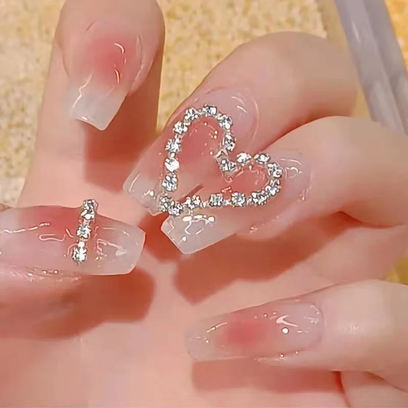 Romantic Heart Theme Long Coffin Translucent Press On Nail Set with Stunning Rhinestone Design