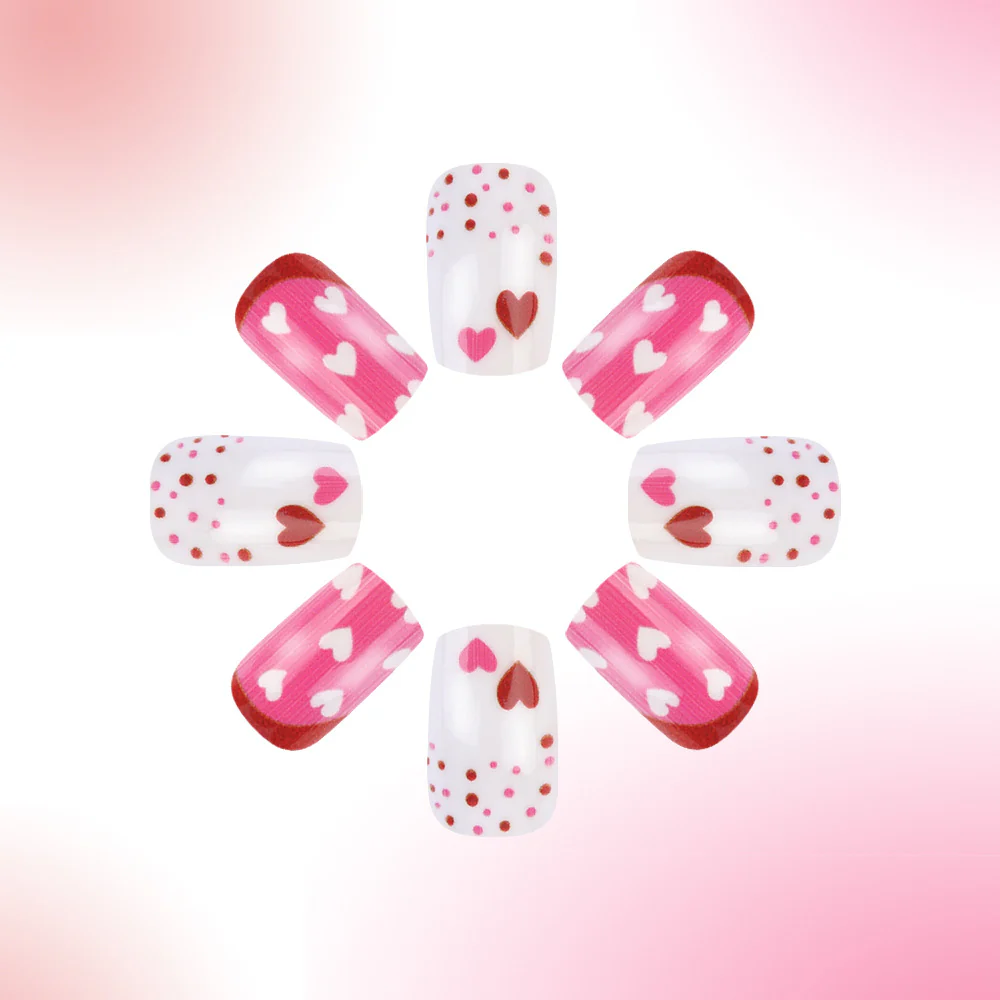 Romantic Heart Theme Medium Square Pink and White Press-On Nail Set with Charming Heart Patterns