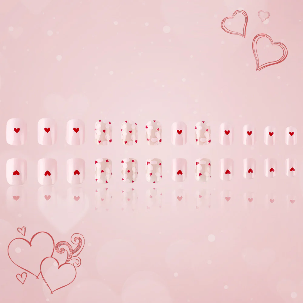 Romantic Heart Theme Short Square Soft Pink Press On Nail Set with Charming Heart Designs