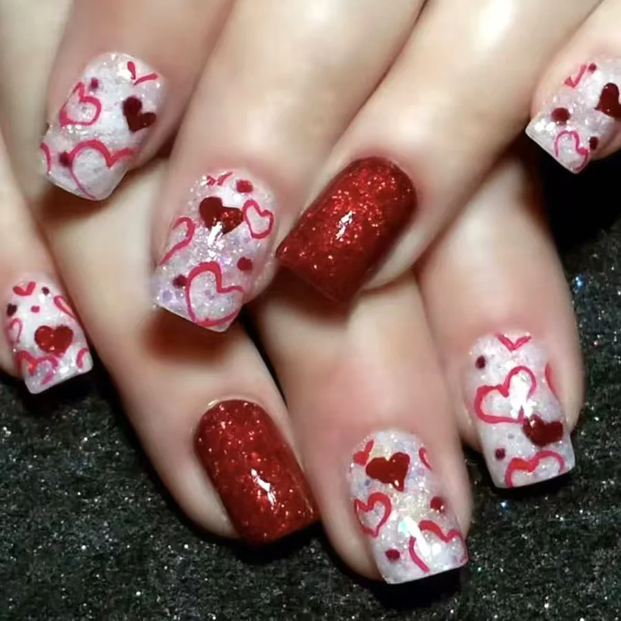 Romantic Heart ThemeShort Square Length Transparent White and Glittery Red with Heart Patterns Press On Nail Set