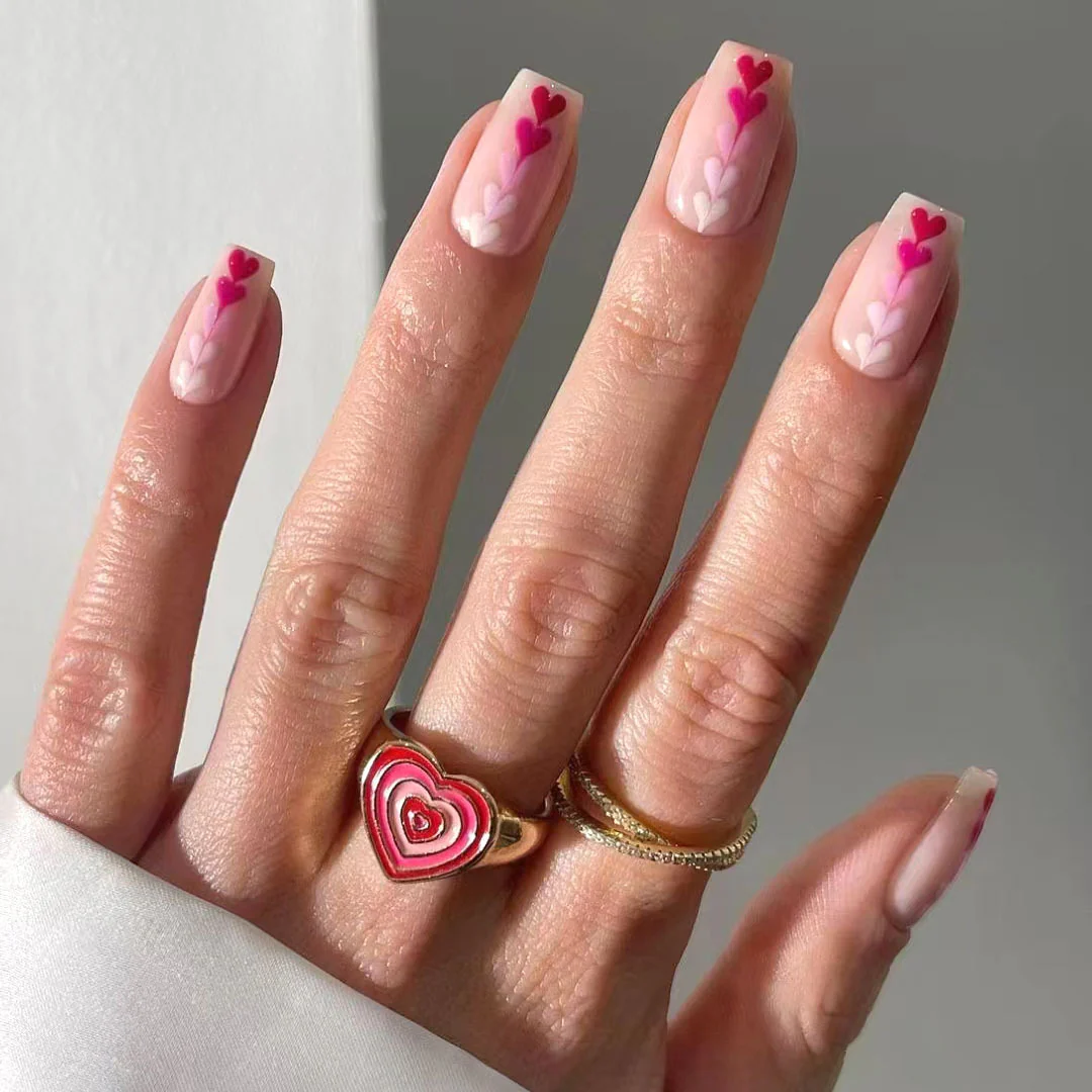 Romantic Heartfelt Essence Medium Square Pink Gradient Press On Nail Set with Charming Heart Designs