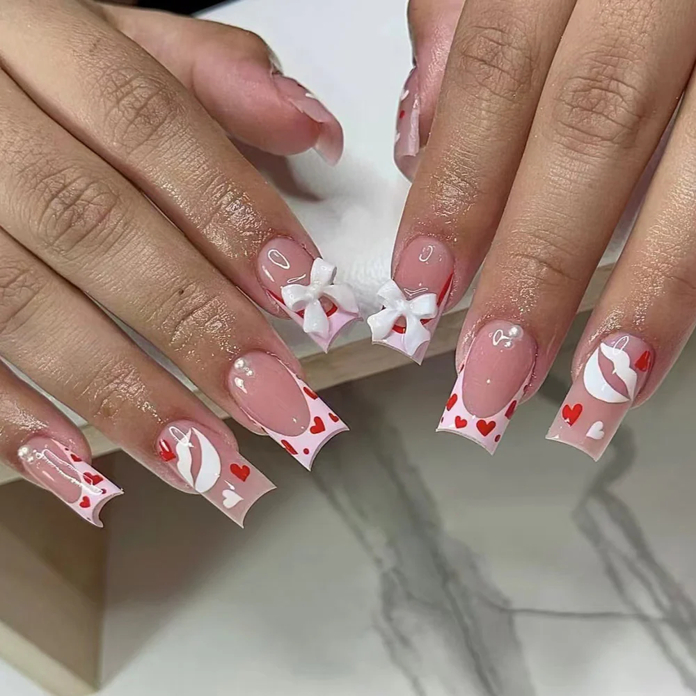 Romantic Heartfelt Long Square Pink and White Nail Set with Charming Bow Accents