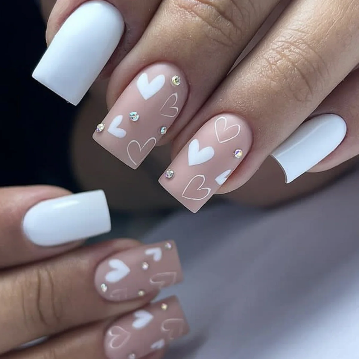 Romantic Heartfelt Medium Square White and Light Pink Press On Nail Set with Sparkling Gems
