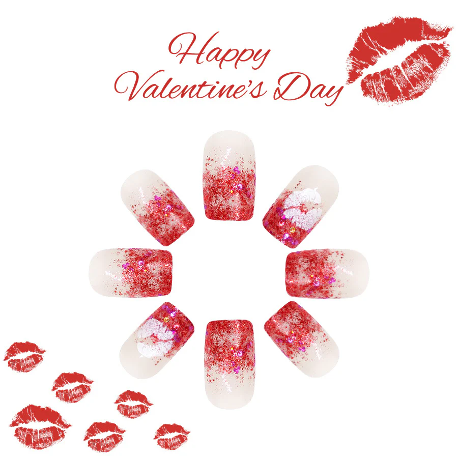 Romantic Heartfelt Red Glitter Short Square Long Press-On Nail Set
