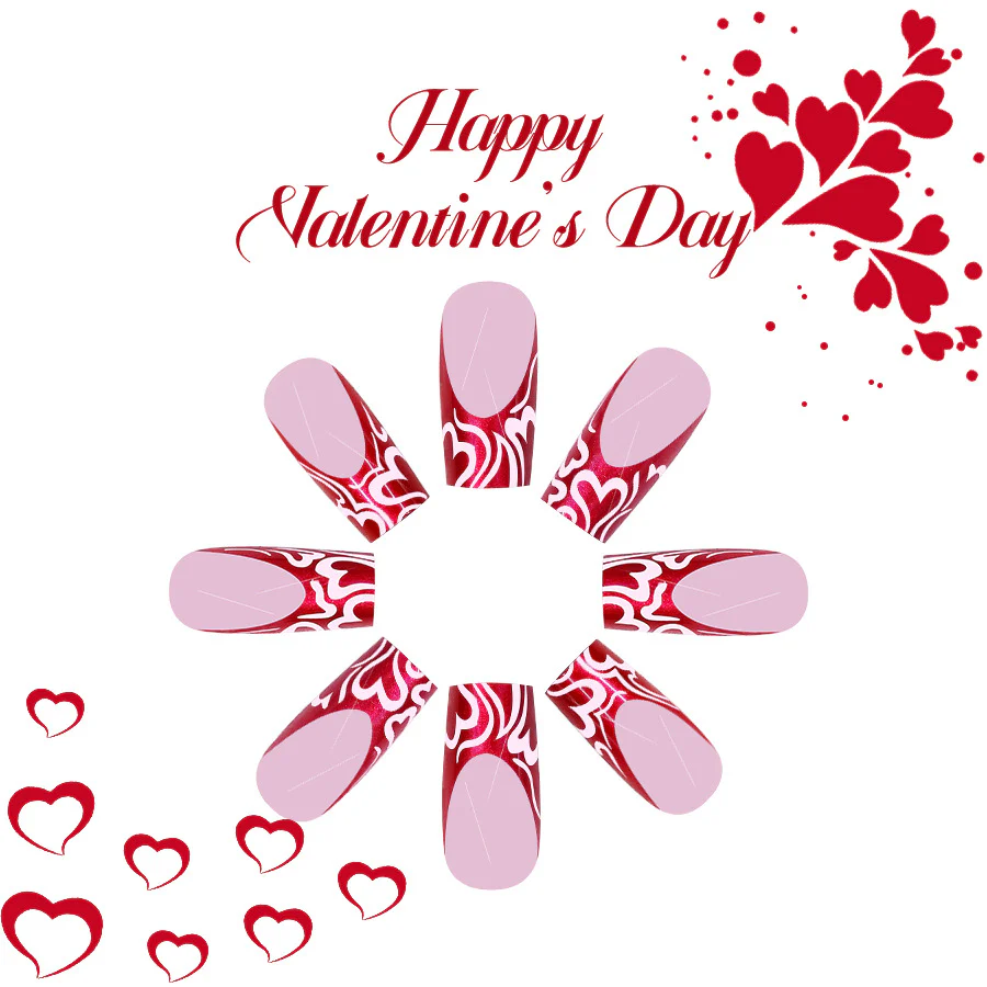 Romantic Heartfelt Red Medium Square Press On Nail Set with Elegant Swirl Design and Glossy Finish