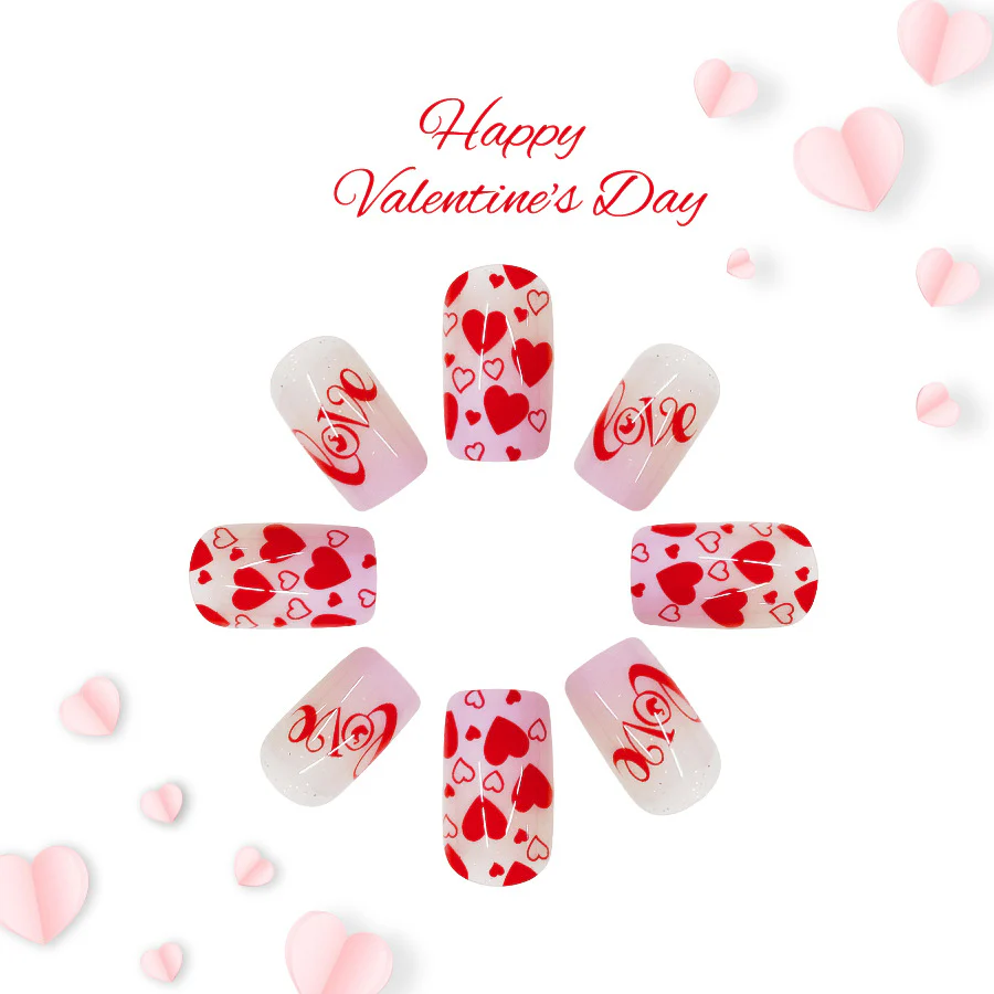 Romantic Heartfelt Red Short Square Press-On Nail Set with Charming Love Designs