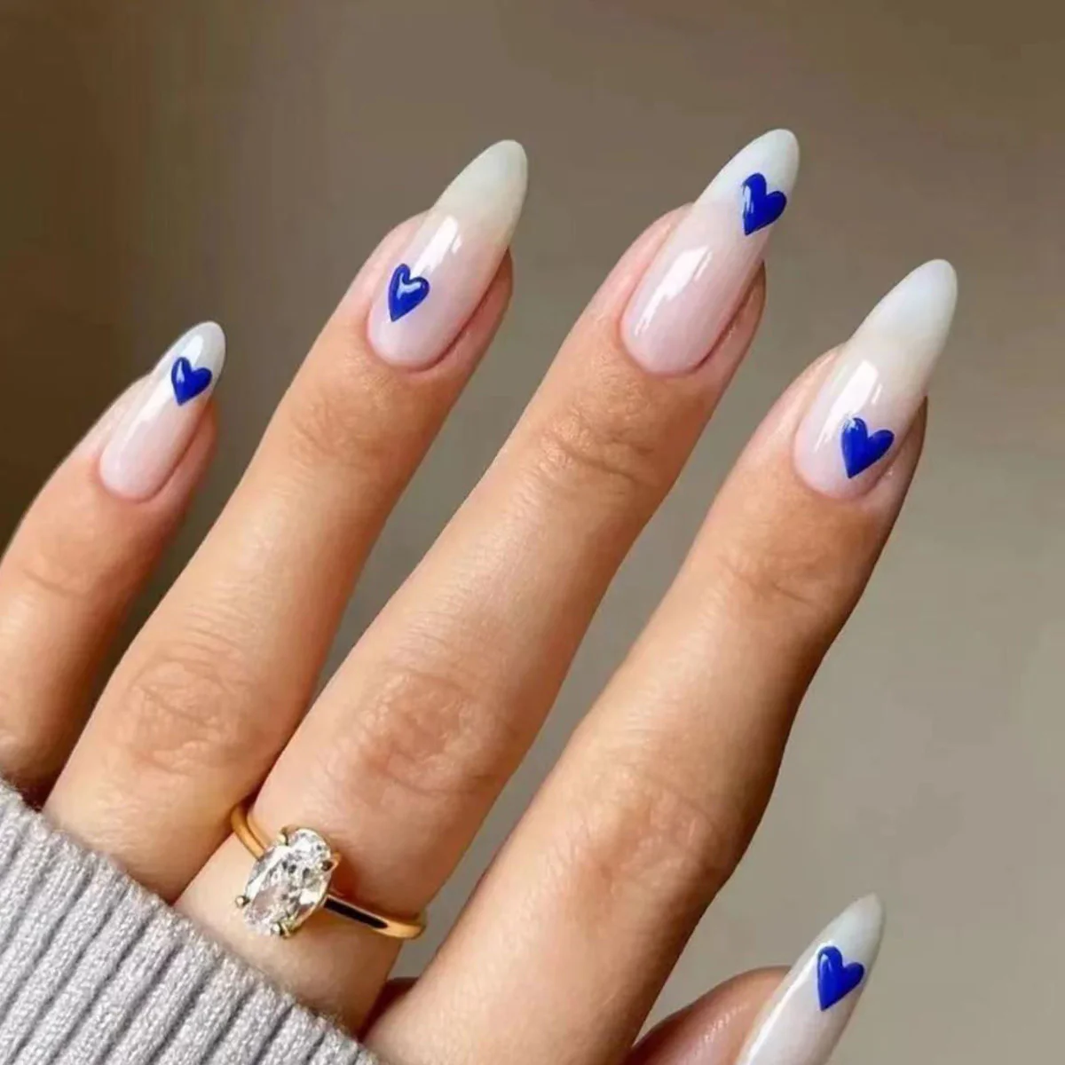 Romantic Hearts Long Almond Soft Pink and White Press On Nail Set with Blue Heart Accents