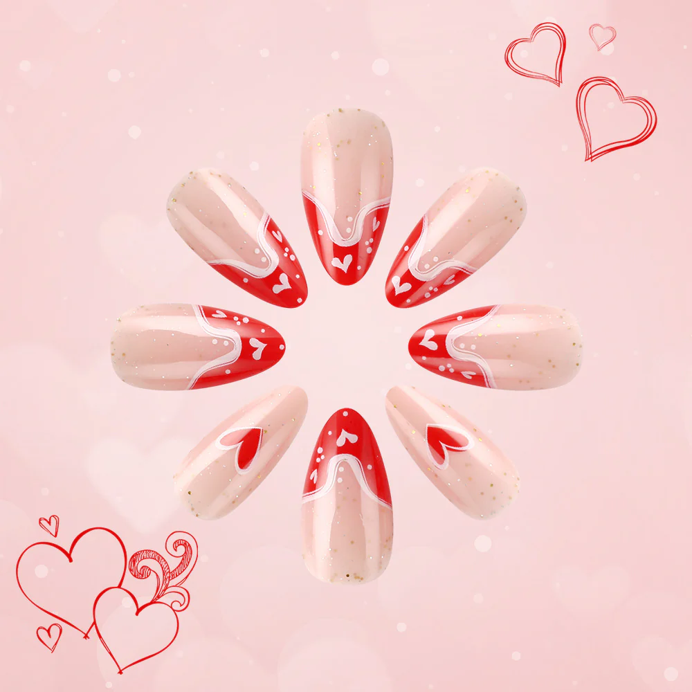 Romantic Hearts Medium Almond Shaped Pink and Red Press On Nail Set with Glitter and Heart Design
