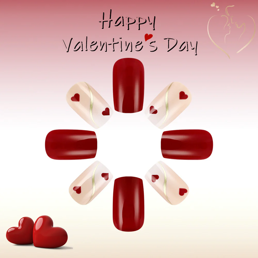Romantic Hearts Press-On Nail Set Medium Squoval Red with Charming Heart Accents