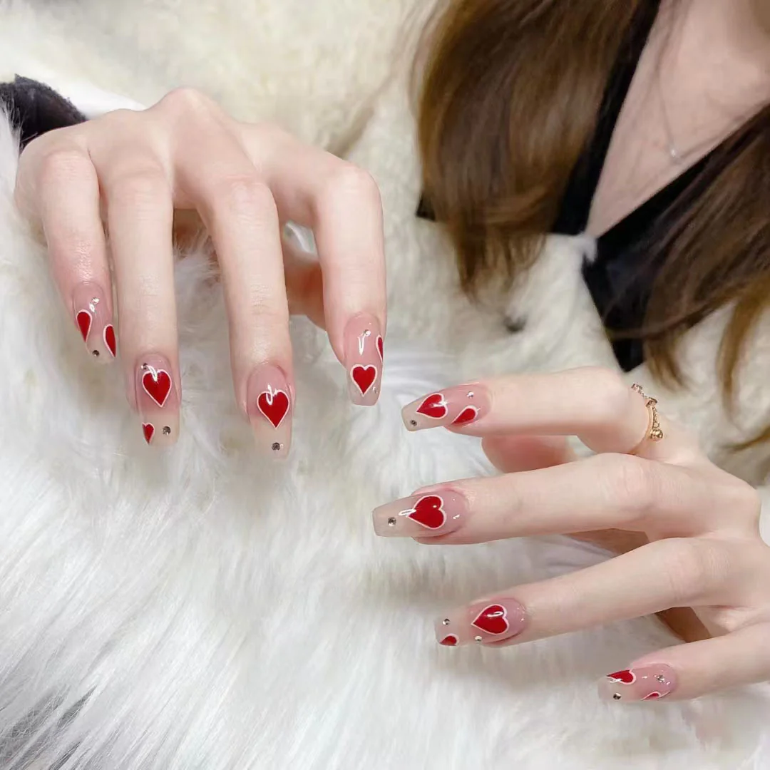 Romantic Love Hearts Medium Square Red Nail Set with Sparkling Accents