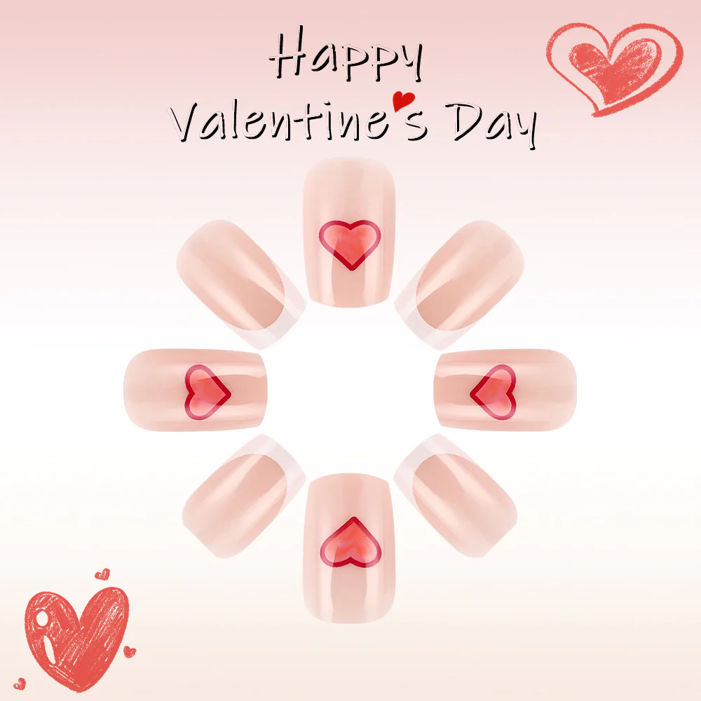 Romantic Love Inspired Medium Square Shaped Blush Pink Press On Nails with Heart Design