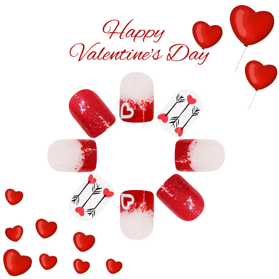 Romantic Love Theme Short Square Red Gradient Press on Nail Set with Heart and Arrow Designs
