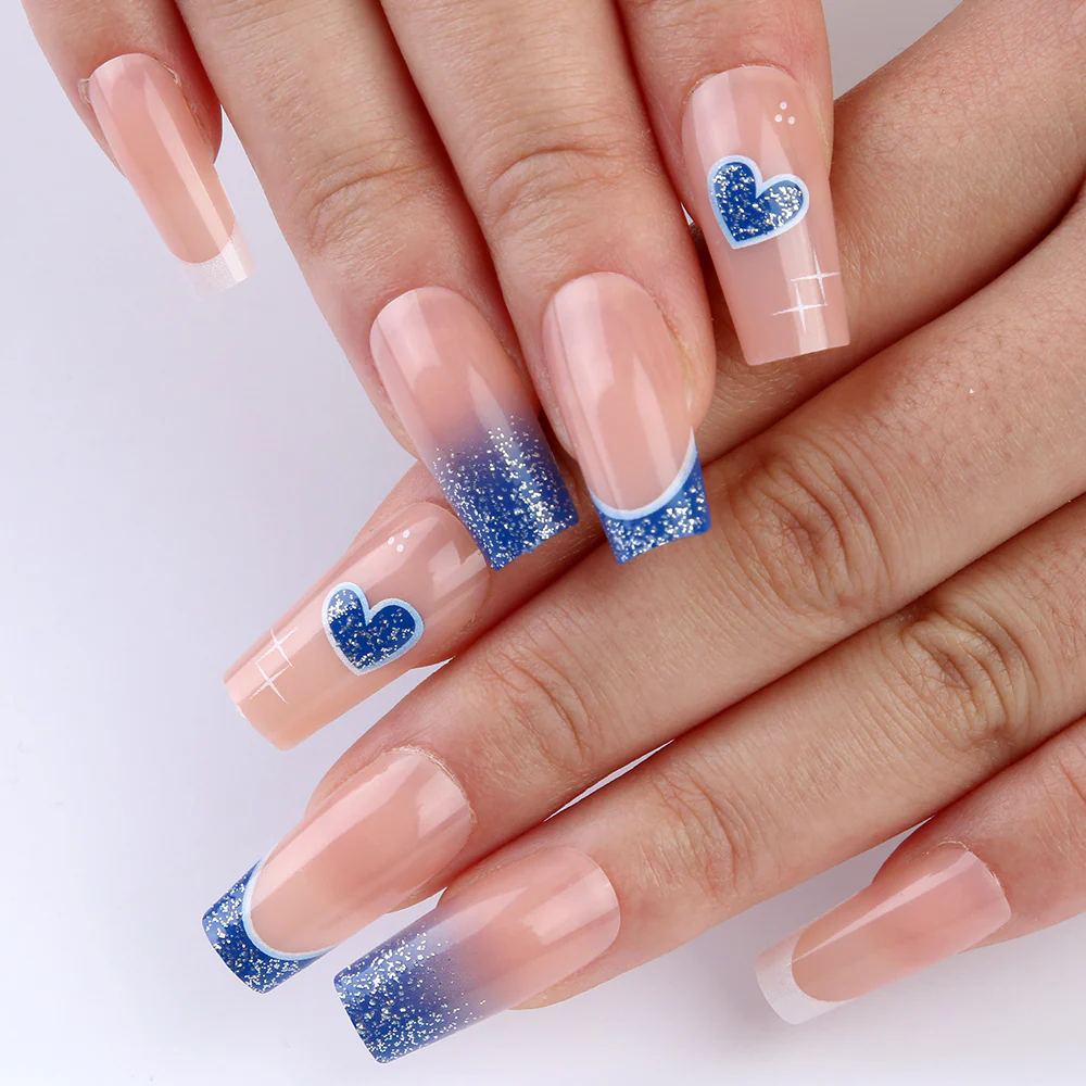 Romantic Ocean Bliss Medium Square Blue Ombré Glitter Nail Set with Heart Accents