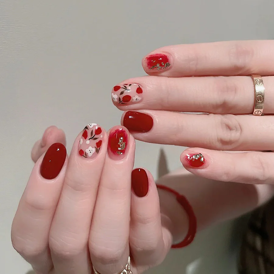 Romantic Petal Blossom Short Squoval-Shaped Red Floral Press-On Nail Set with Glittering Accents