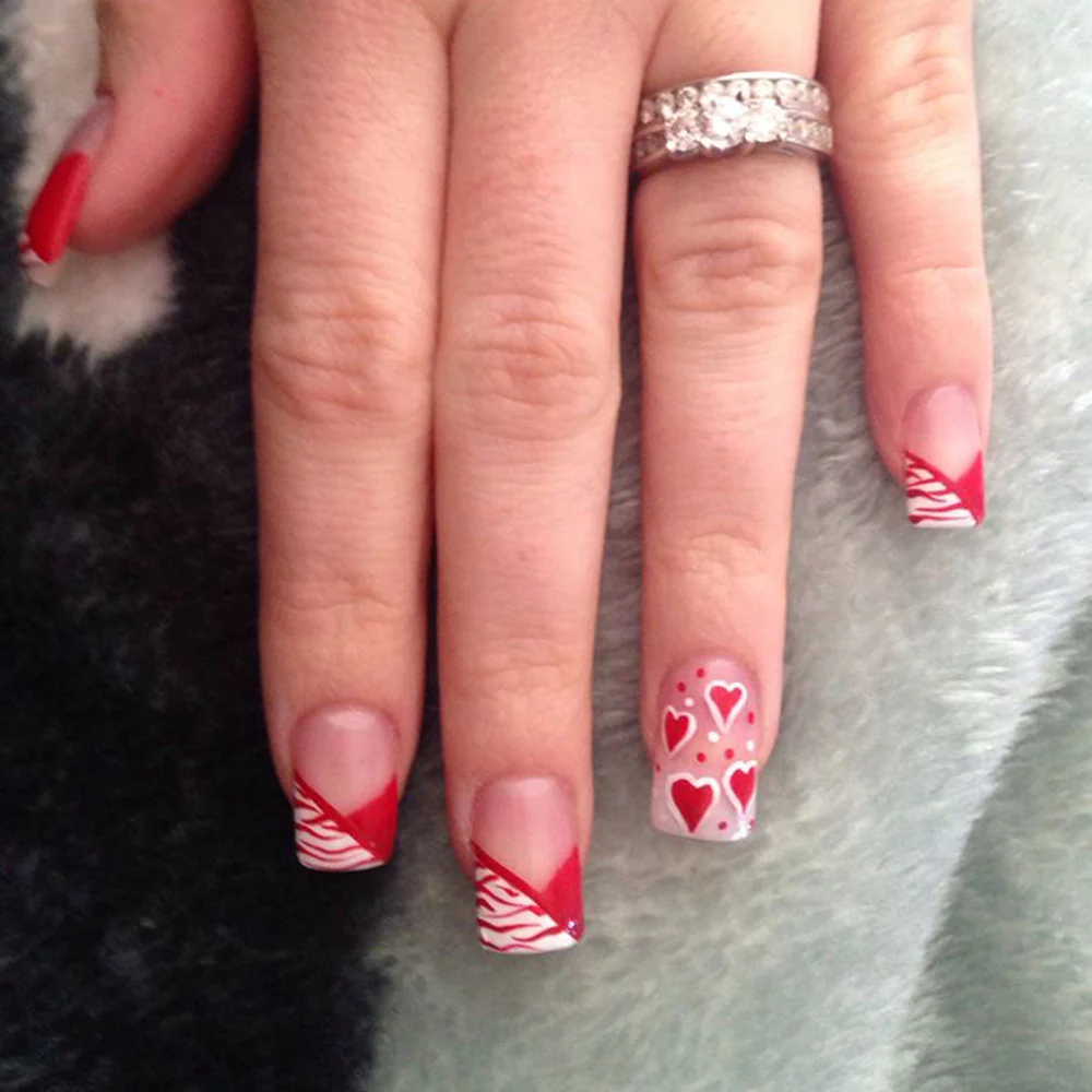 Romantic Red Medium Square Press-On Nail Set with Heart and Zebra Design