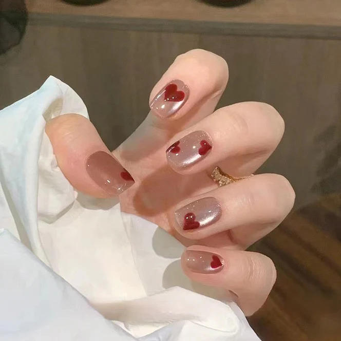 Romantic Rendezvous Short Squoval Beige Press-On Nails with Glossy Red Heart Accents
