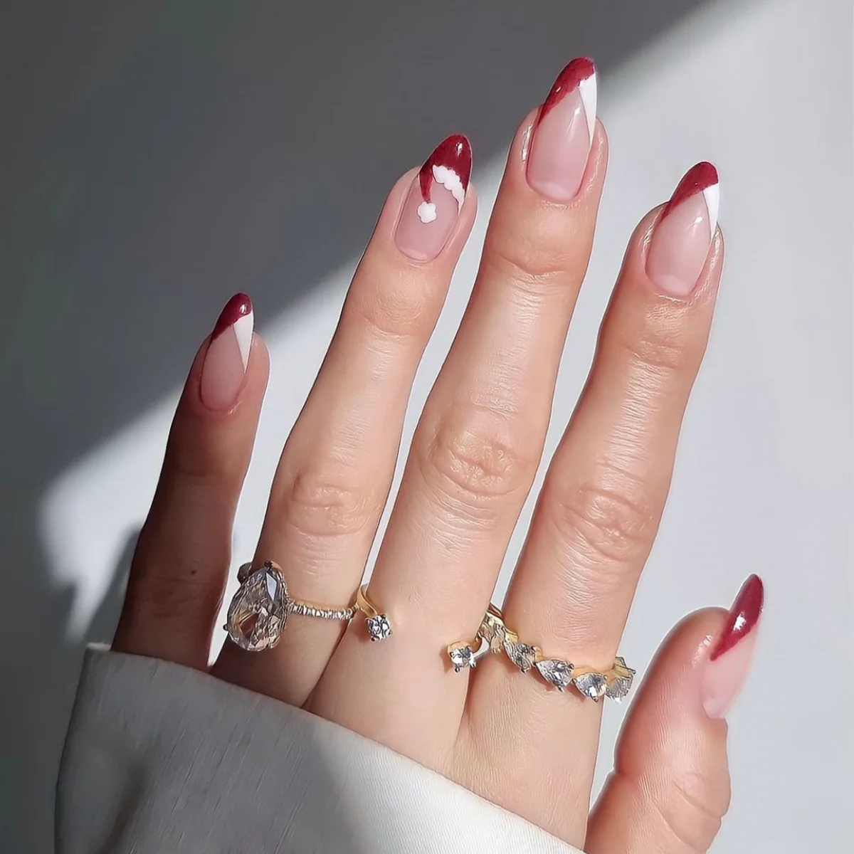 Romantic Rouge Long Almond French Tip Press On Nails with Deep Red Accents