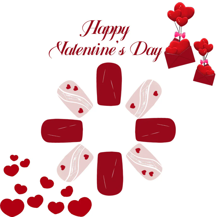 Romantic Valentine's Day Short Square Red and White Heart Decorated Press On Nail Set