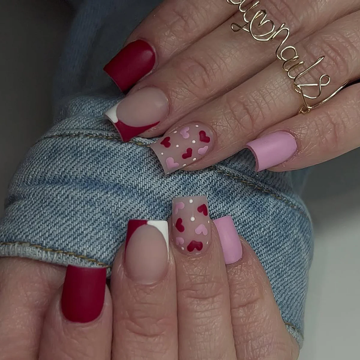 Romantic Vibes Medium Square Burgundy and Blush Press-On Nail Set with Heart Design