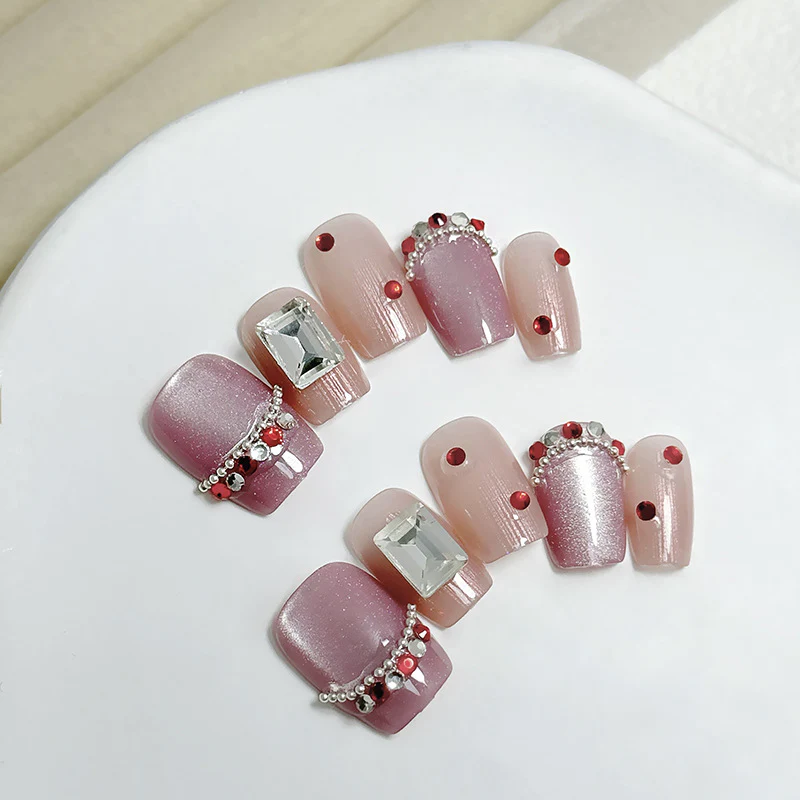 Royal Elegance Long Square Pink Ombre Press On Nail Set with Sparkling Gem Accents