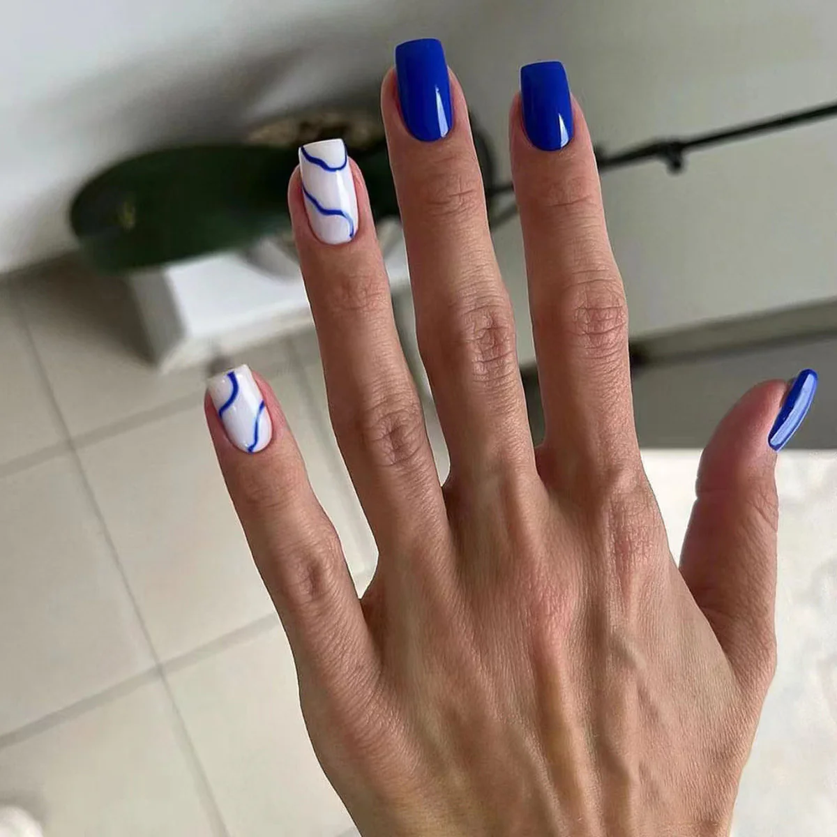 Royal Sapphire Ocean Medium Square Blue and White Marble Swirl Press On Nail Set