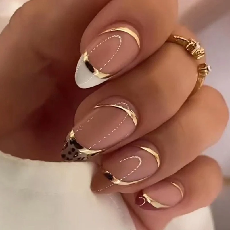 Safari Elegance Short Oval Press-On Nail Set, Beige with White Tips and Gold Stripe Leopard Print Accents
