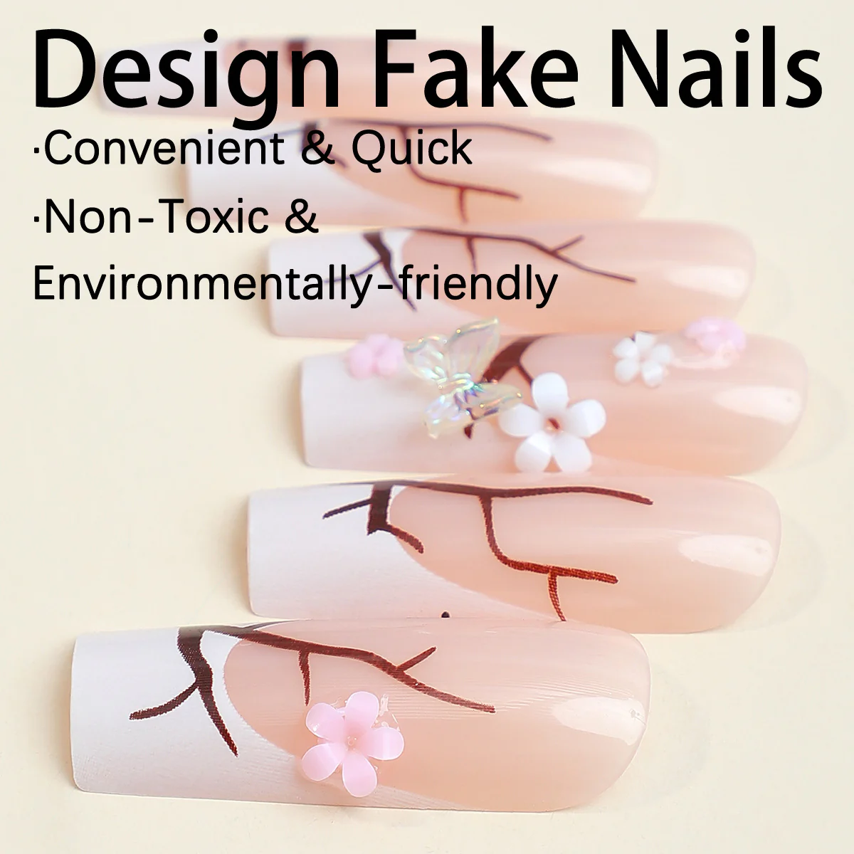 Sakura Blossom Long Square Transparent Nail Set with Pink Floral Art and Butterfly Accents - Image 2