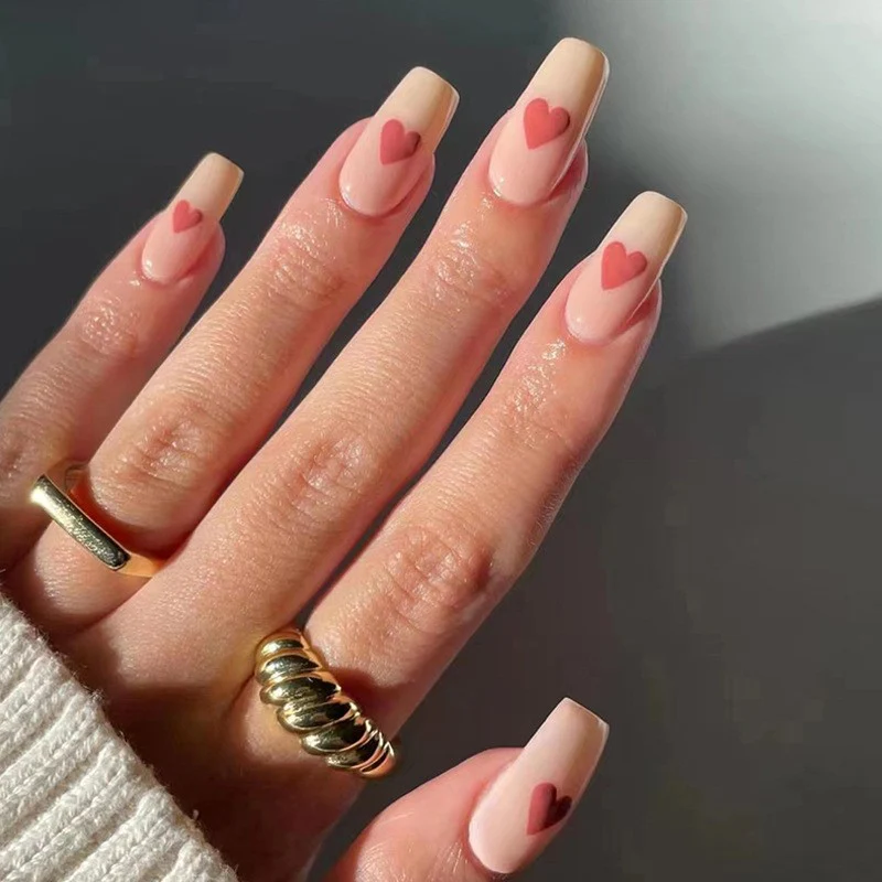 Salon Trip Medium Coffin Red Hearts Press On Nails