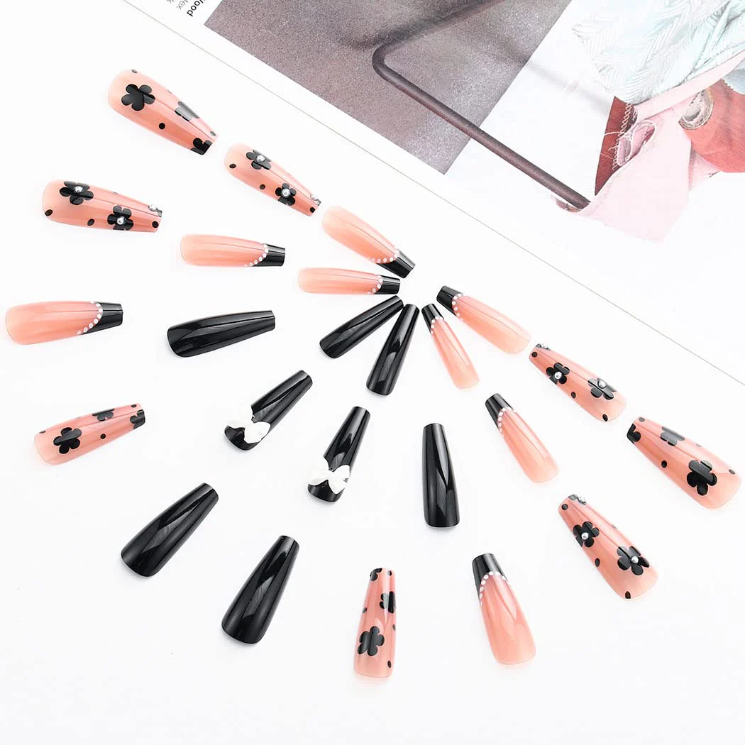 Shady Princess Long Coffin Black Pattern Press On Nails - Image 2