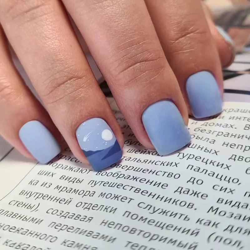 Shooting Star Short Square Blue Abstract Press On Nails