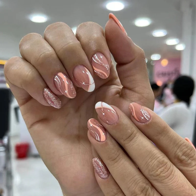 Shopping Mama Short Oval Orange Glitter Press On Nails