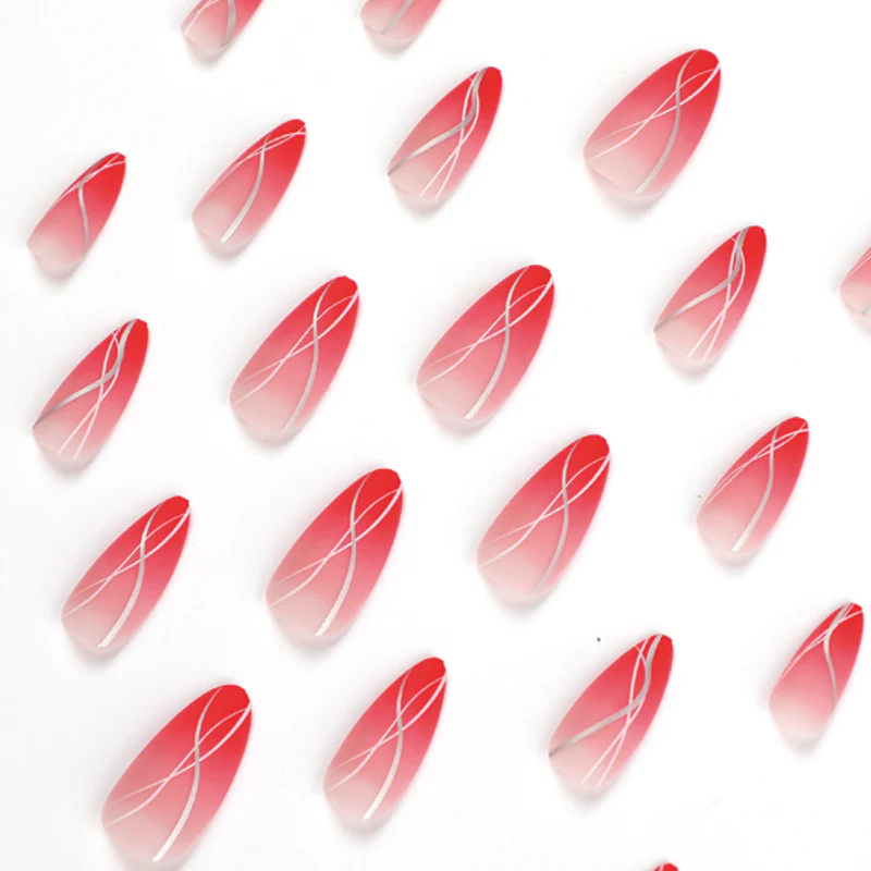 Silver Wisp Long Almond Red Pattern Press On Nails - Image 2