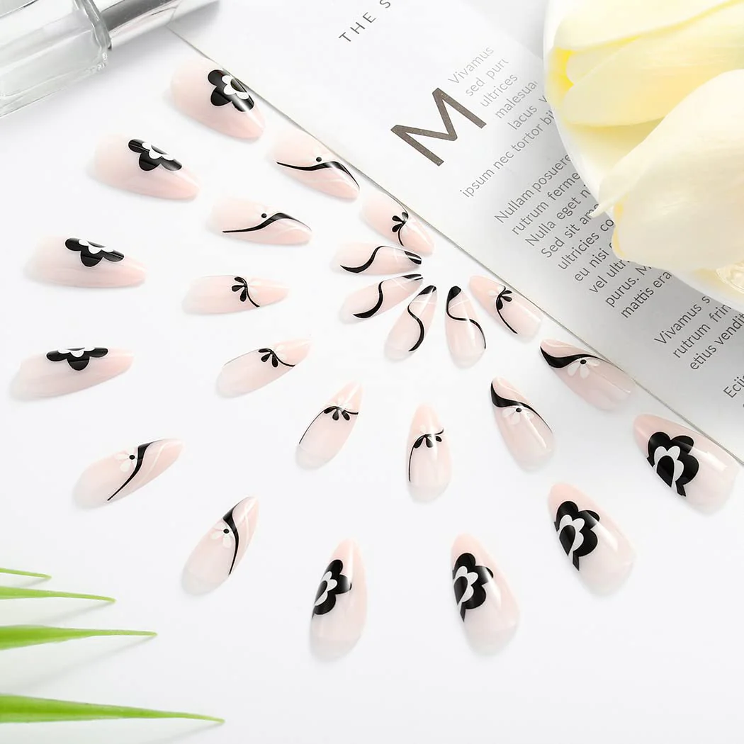 Simple Flower Long Almond Beige Everyday Press On Nails - Image 2