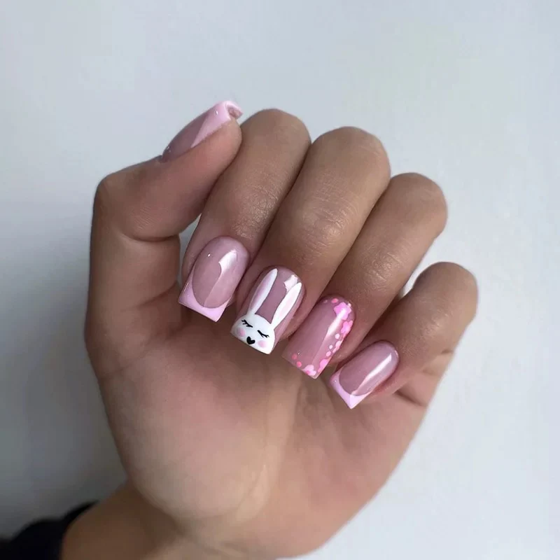 Sleepy Bunny Medium Square Pink Easter Press On Nails