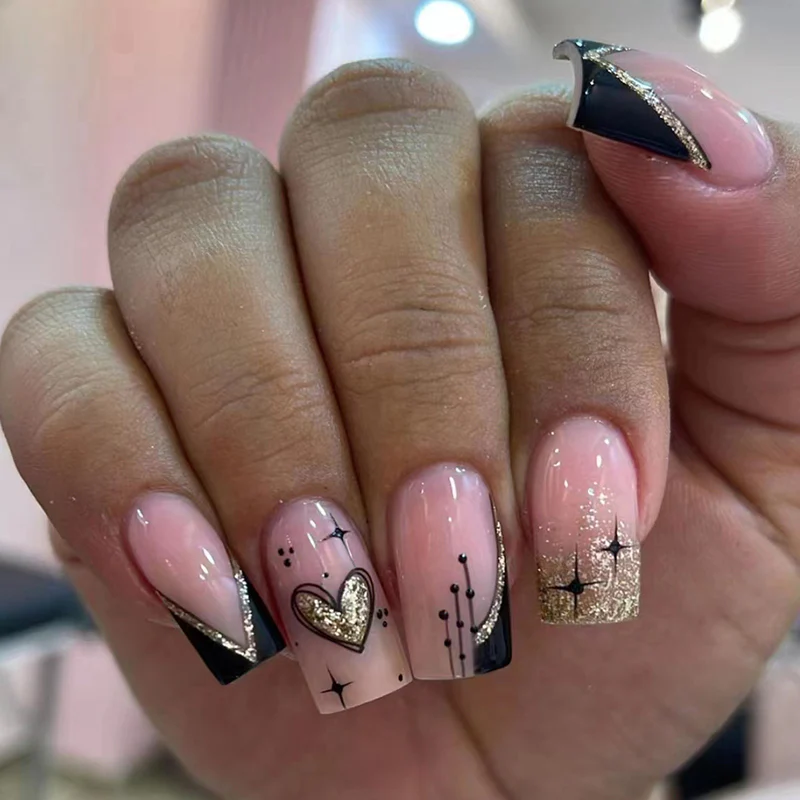 Society Queen Medium Square Gold Glitter Press On Nails