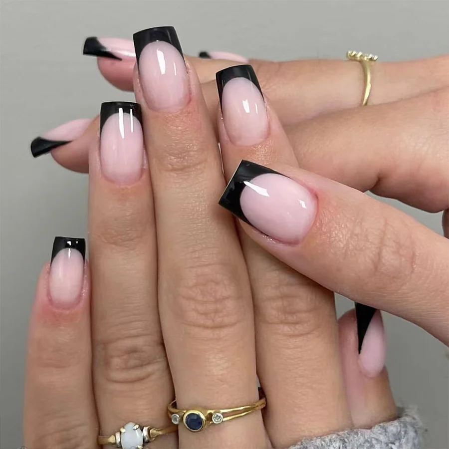 Sophisticated Elegance Medium Square Black and beige Ombre Press On Nail Set with Glossy Finish