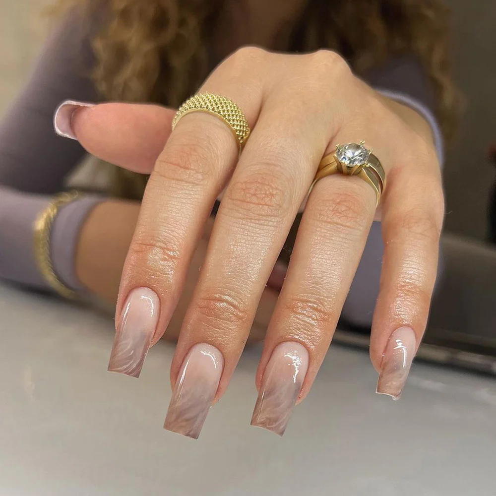 Sophisticated Long Square Translucent Beige Press-On Nails with Subtle Marbling