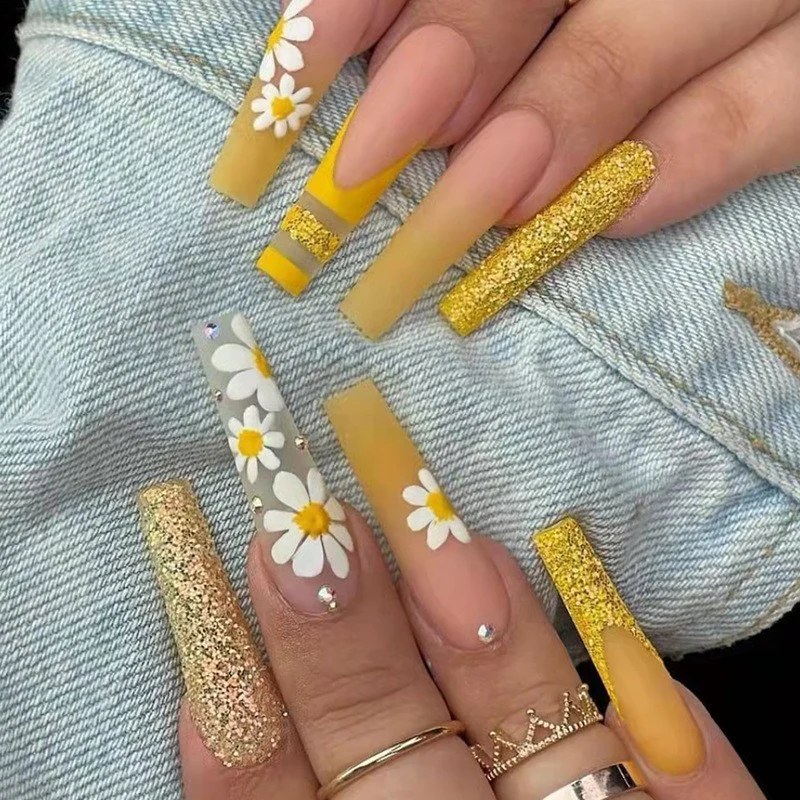 Sophisticated Sheen Extra Long Coffin Press on Nail Set in Beige and White Ombre with Rhinestone Embellishments and Glitter Accents
