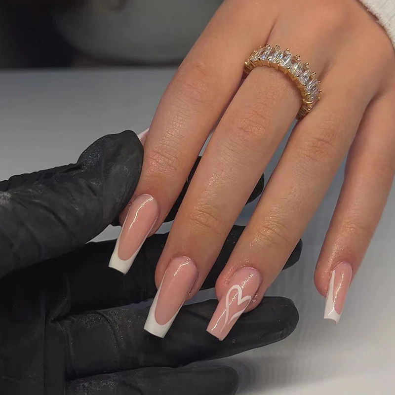 SOS Love Long Coffin White French Tips Press On Nails