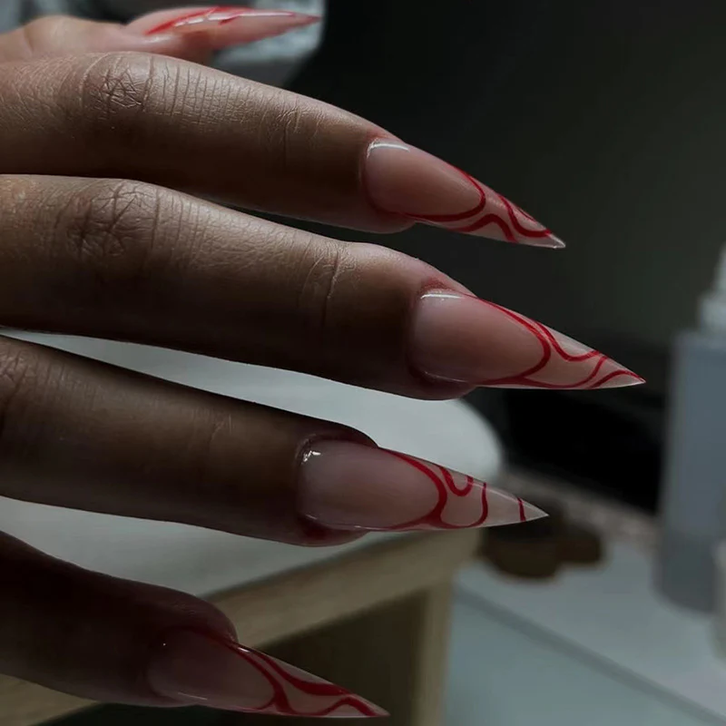 Spanish Goddess Long Stiletto Red Abstract Press On Nails