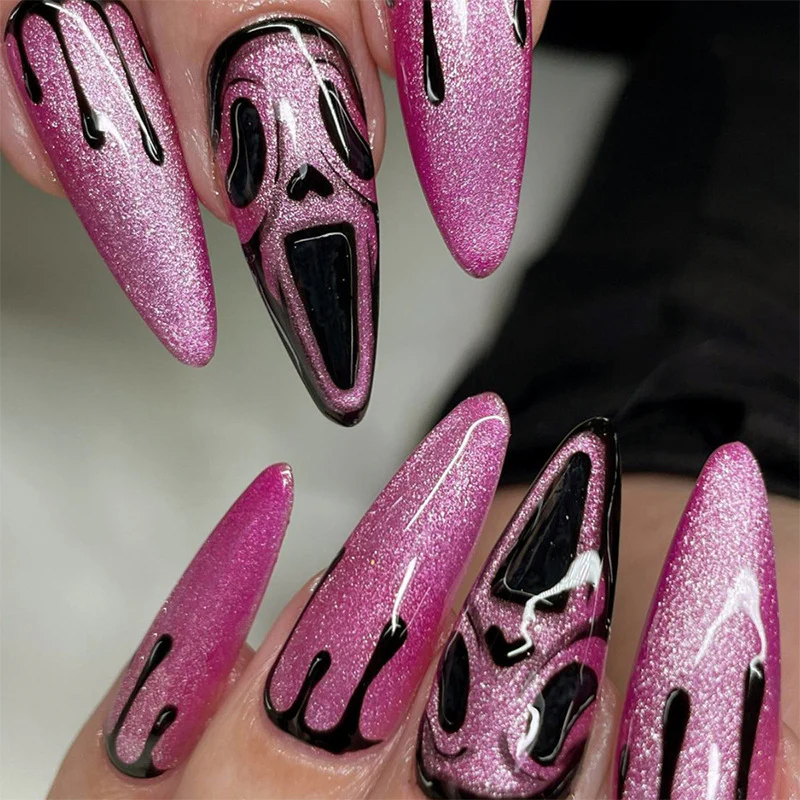 Sparkly Scream Babe Long Almond Pink Halloween Press On Nails