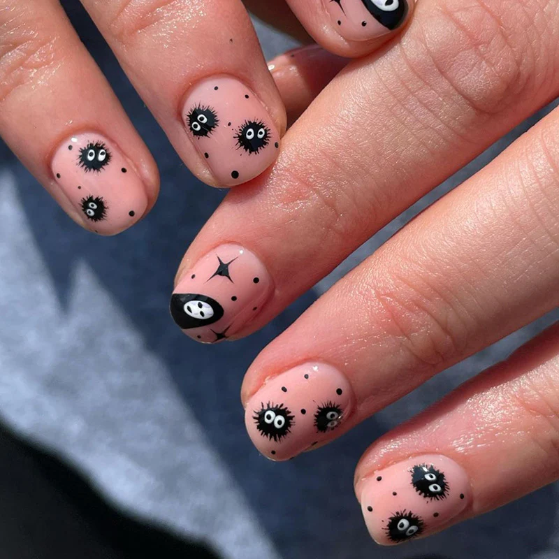 Spirited Away No Face Dust Short Squoval Pink Cartoon Press On Nails