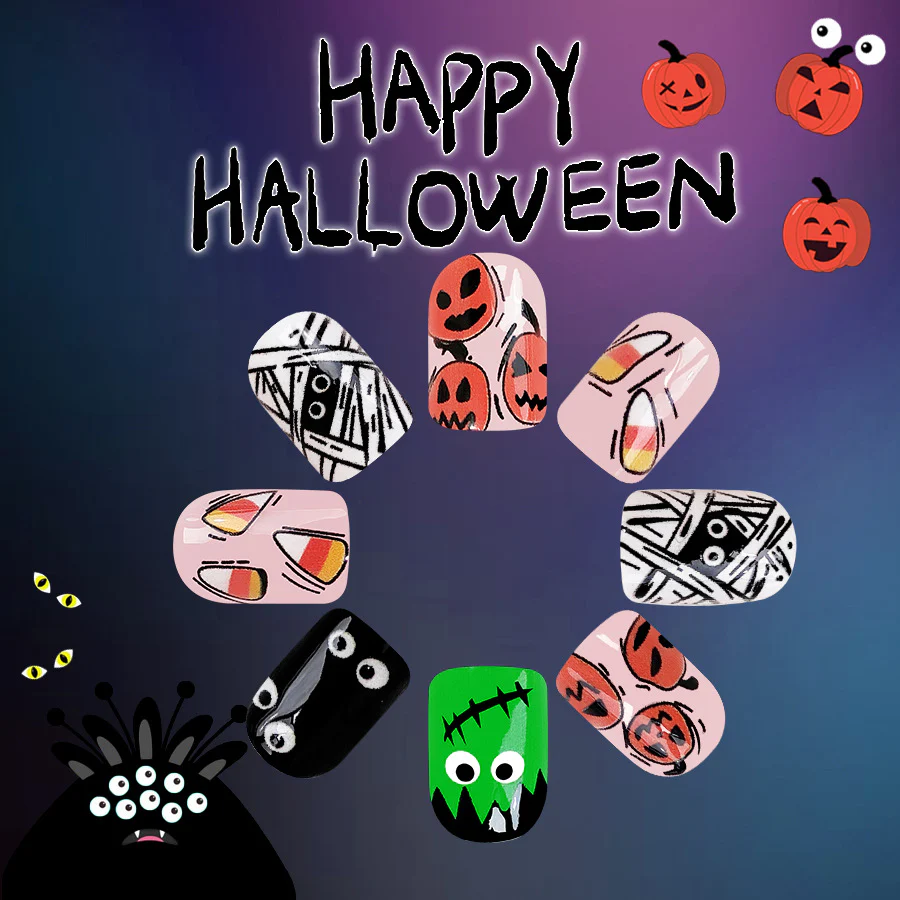Spooktacular Halloween Short Oval Multicolored Press On Nail Set with Festive Pumpkin and Ghost Designs