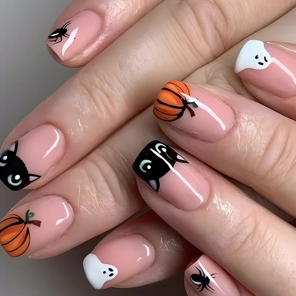 Spooktacular Medium Square Orange Black and White Halloween Press On Nail Set with Fun Cat Pumpkin and Ghost Designs