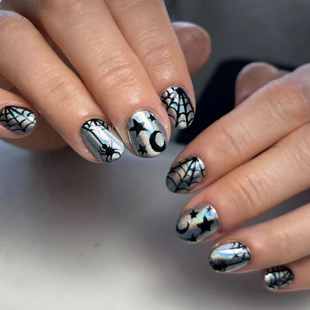 Spooktacular Silver Round Press On Nail Set Short Length Black Spider and Web Design Perfect for Halloween