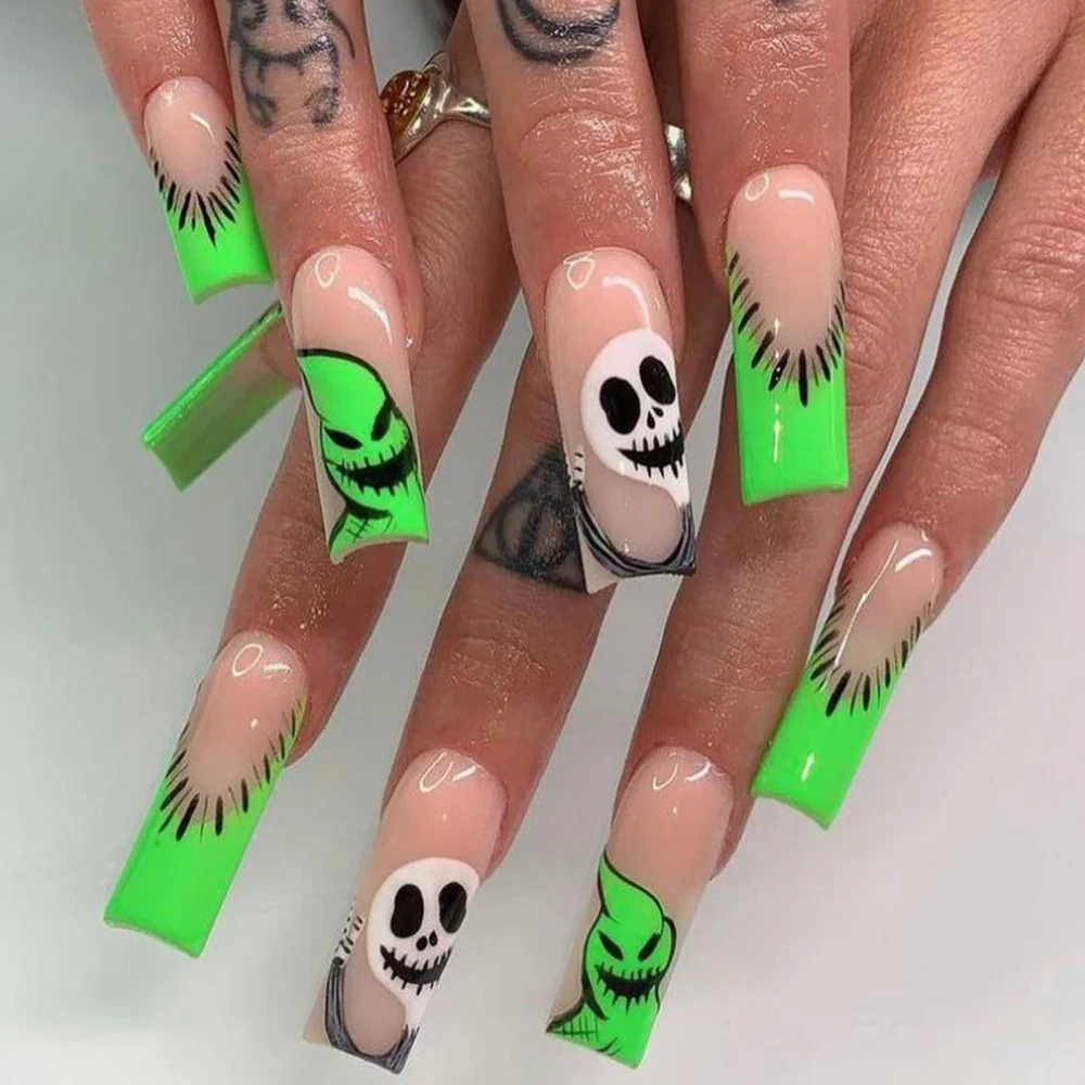 Spooky Alien Glow Long Square Neon Green Press On Nail Set With Unique Skull And Alien Designs