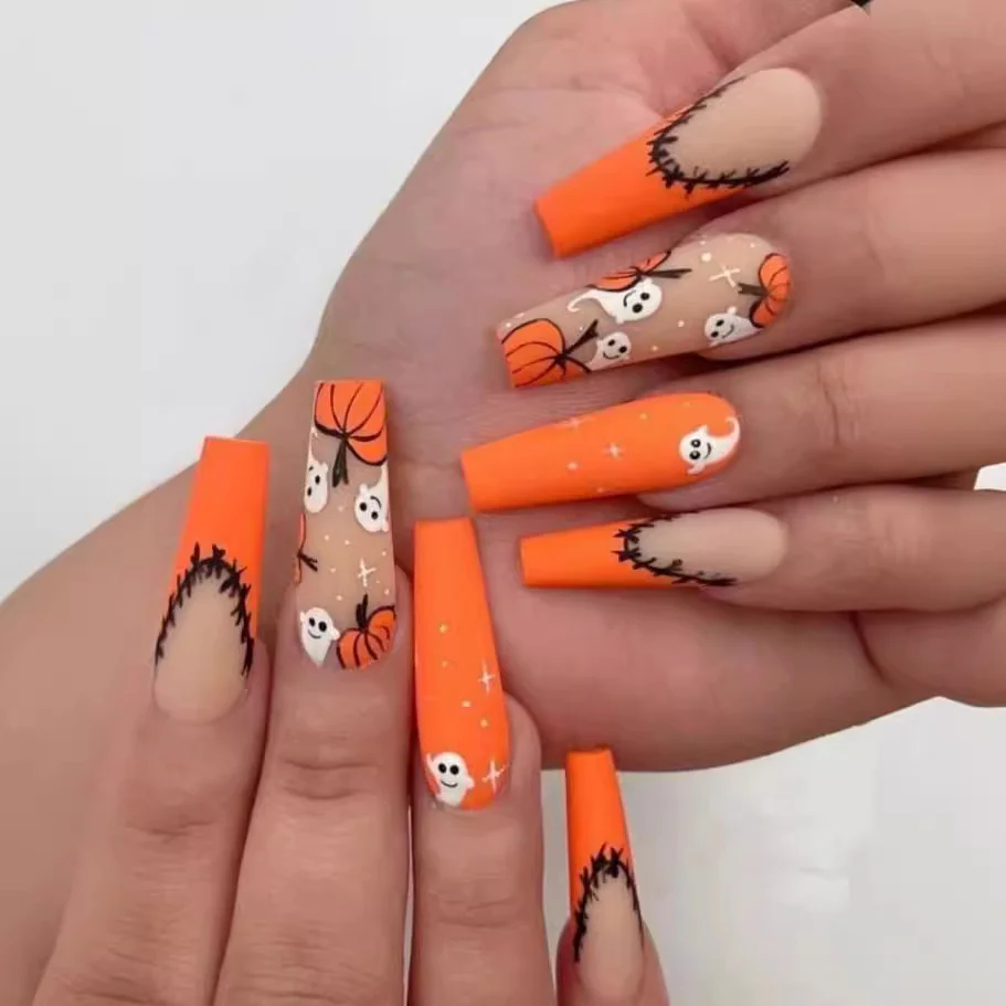 Spooky Autumn Magic Long Coffin Press On Nail Set Bright Orange with Pumpkin and Ghost Designs