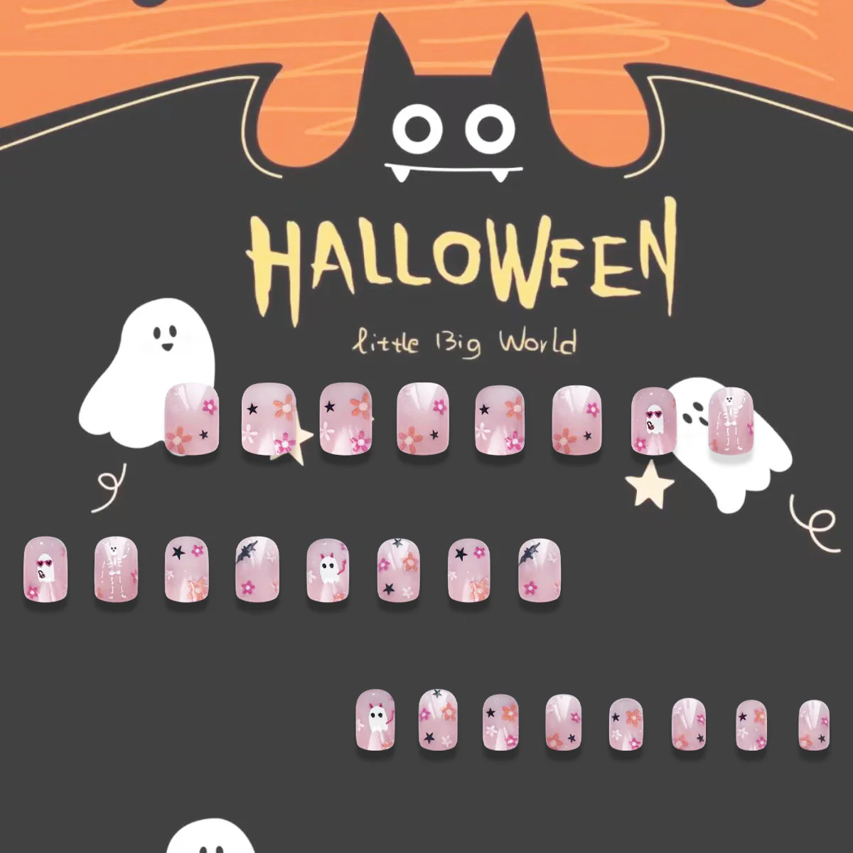 Spooky Charm Short Oval Pink Ghost-Themed Press On Nail Set with Glitter Accents